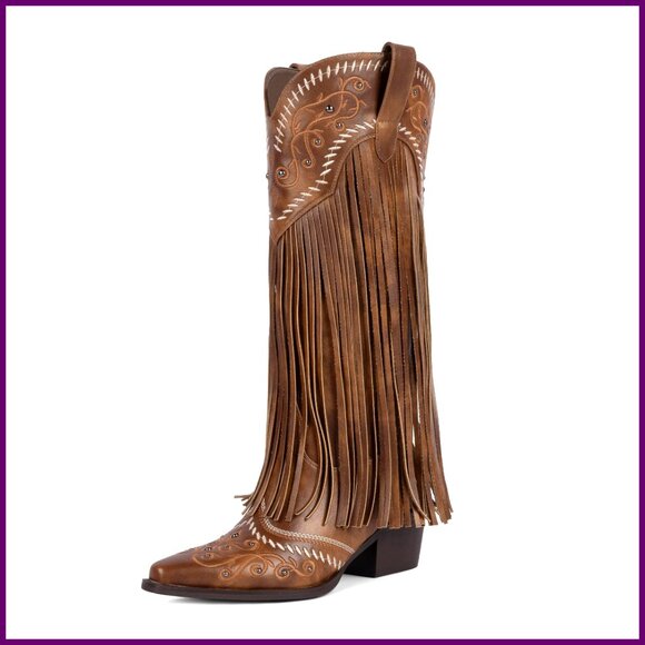 Women's Knee High Cowboy Boots Fringe Embroidered Pointed Toe Chunky Heel